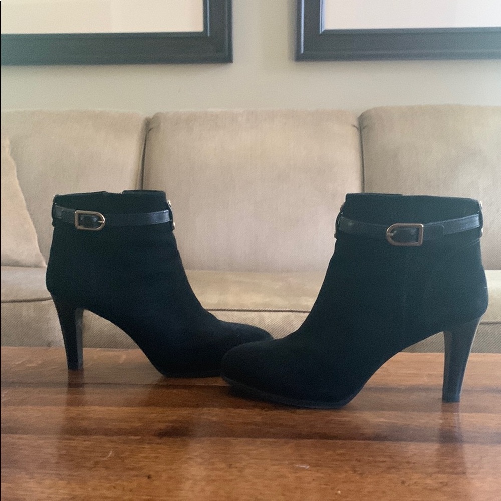 Tory Burch Black Suede Heeled Boots with Gold Buckle, Size 8